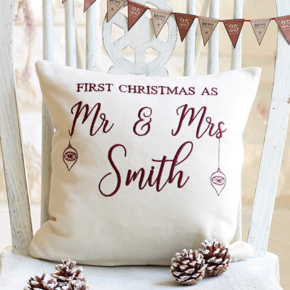 first married christmas personalised embroidered cushion