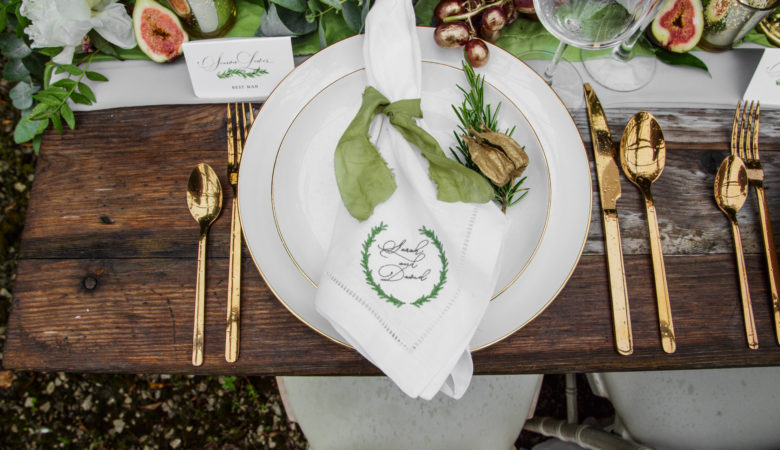 Napkins embroidered to match wedding stationery with wreath by With Love Wedding Stationery Custom napkins embroidered to match wedding stationery with wreath by With Love Wedding Stationery
