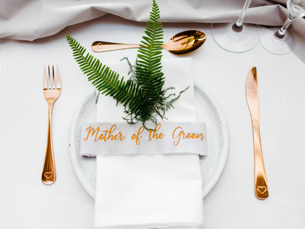 Copper Luxe Wedding With Personalised Napkins and Silk Garter