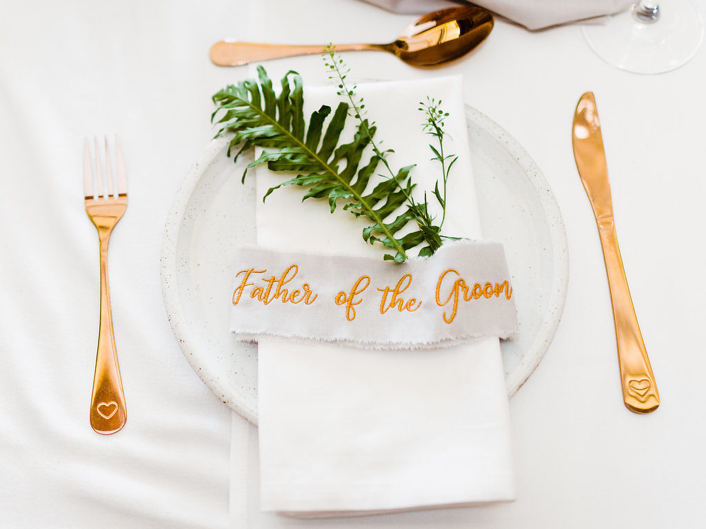 Copper Luxe Wedding With Personalised Napkins and Silk Garter