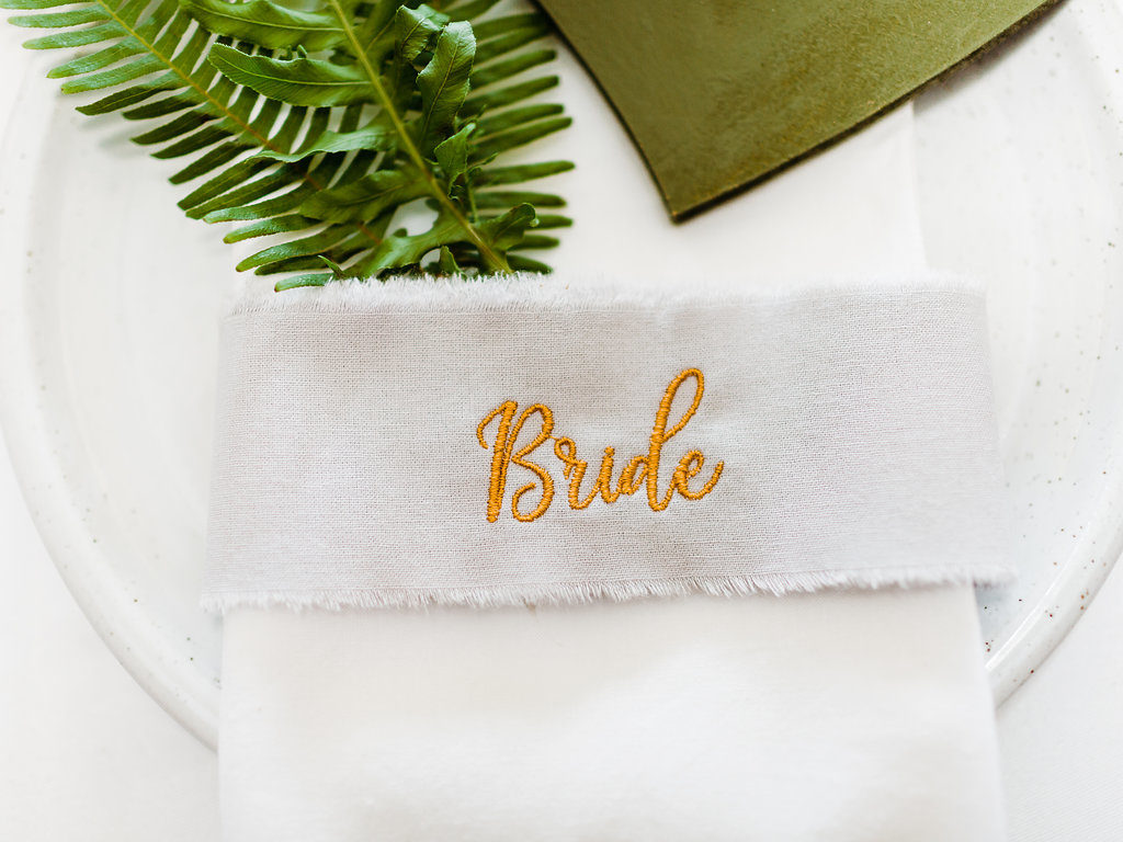 Copper Luxe Wedding With Personalised Napkins and Silk Garter