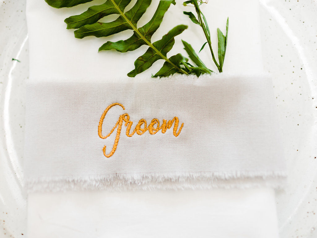 Copper Luxe Wedding With Personalised Napkins and Silk Garter